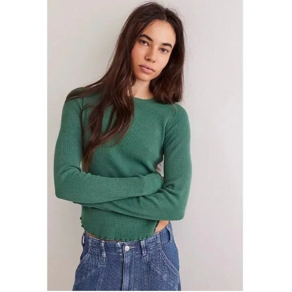We The Free Easy Does It Tee Green Waffle Thermal Pullover Lettuce Hem Boho XS